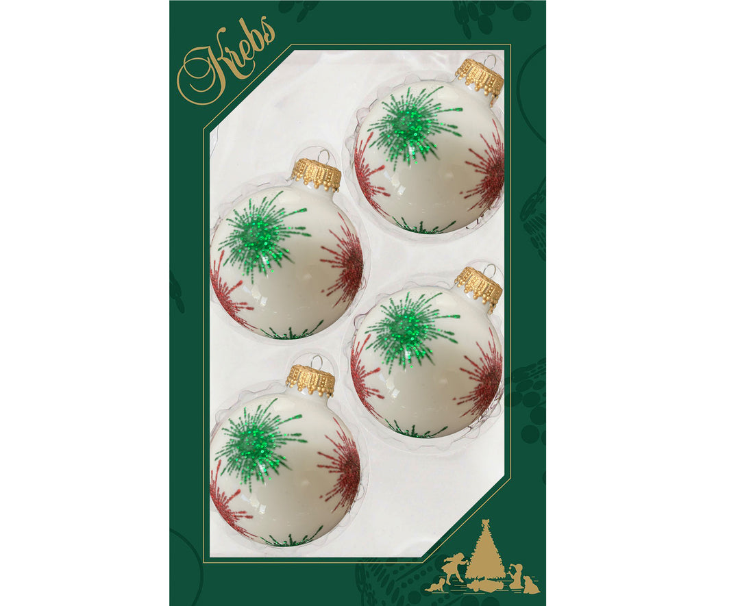 Glass Christmas Tree Ornaments - 67mm/2.63" [4 Pieces] Decorated Balls from Christmas by Krebs Seamless Hanging Holiday Decor (Porcelain White with Red & Green Starlight)