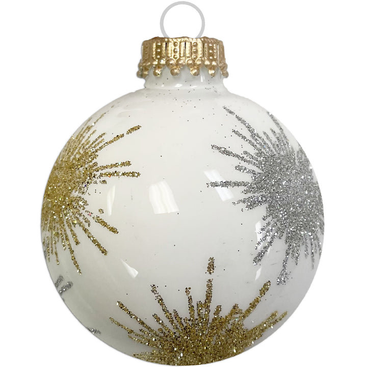 Glass Christmas Tree Ornaments - 67mm/2.63" [4 Pieces] Decorated Balls from Christmas by Krebs Seamless Hanging Holiday Decor (Porcelain White with Silver & Gold Starlight)