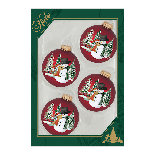 Glass Christmas Tree Ornaments - 67mm/2.63" [4 Pieces] Decorated Balls from Christmas by Krebs Seamless Hanging Holiday Decor (Port Velvet with Snowman & Bear)