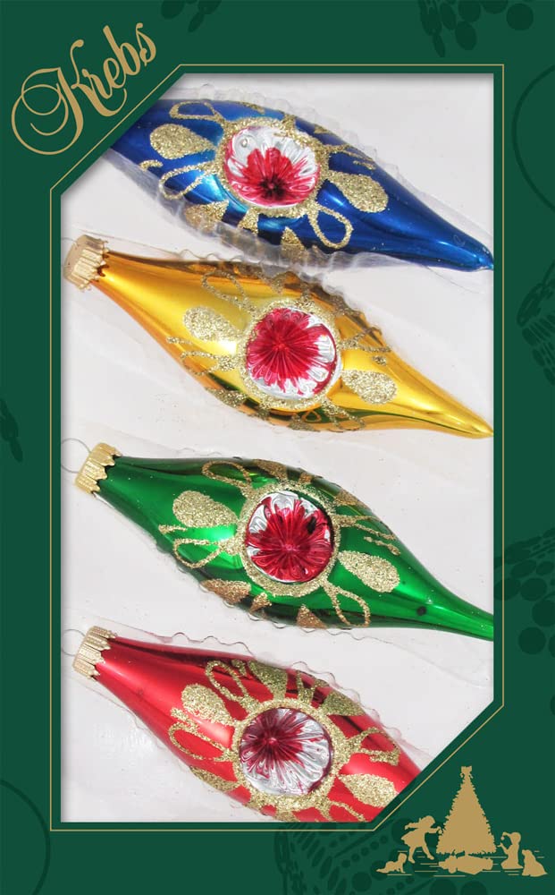 Christmas Tree Ornaments - 67mm/2.625" [4 Pieces] Decorated Glass Balls from Christmas by Krebs - Handmade Seamless Hanging Holiday Decorations for Trees (Traditional Colors 4" Finial Reflectors)
