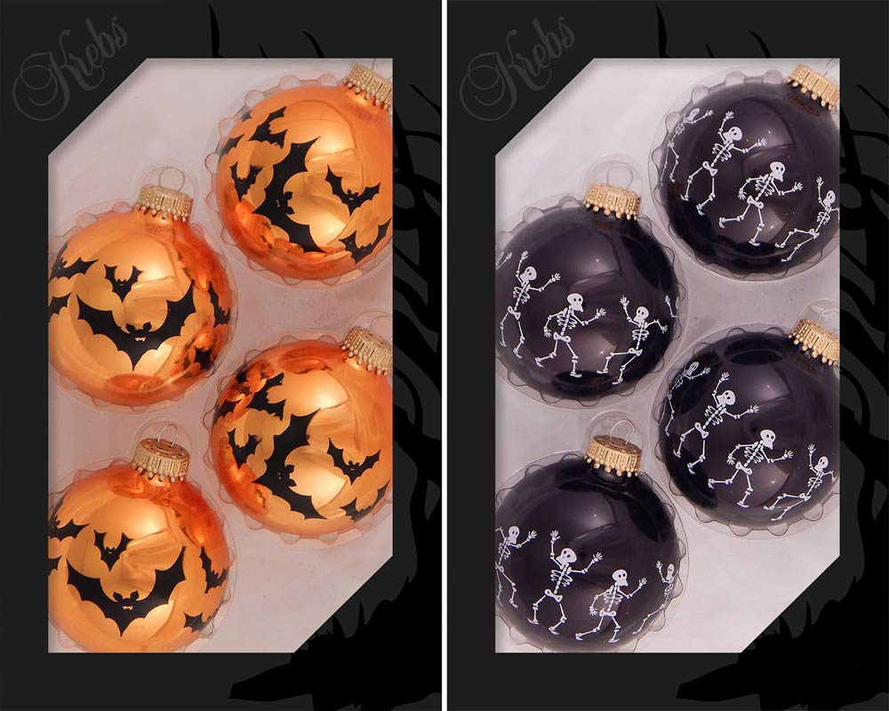Halloween Tree Ornaments - 67mm/2.625" Decorated Glass Balls from Christmas by Krebs - Handmade Seamless Hanging Holiday Decorations for Trees - Set of 8