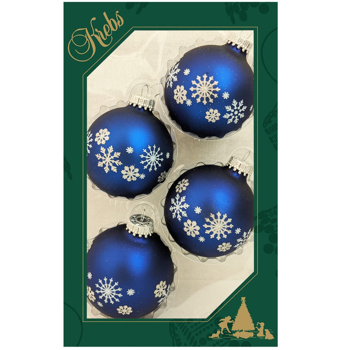 Glass Christmas Tree Ornaments - 67mm/2.63" [4 Pieces] Decorated Balls from Christmas by Krebs Seamless Hanging Holiday Decor (Blue w/ Silver Glitter and White Snowflakes)