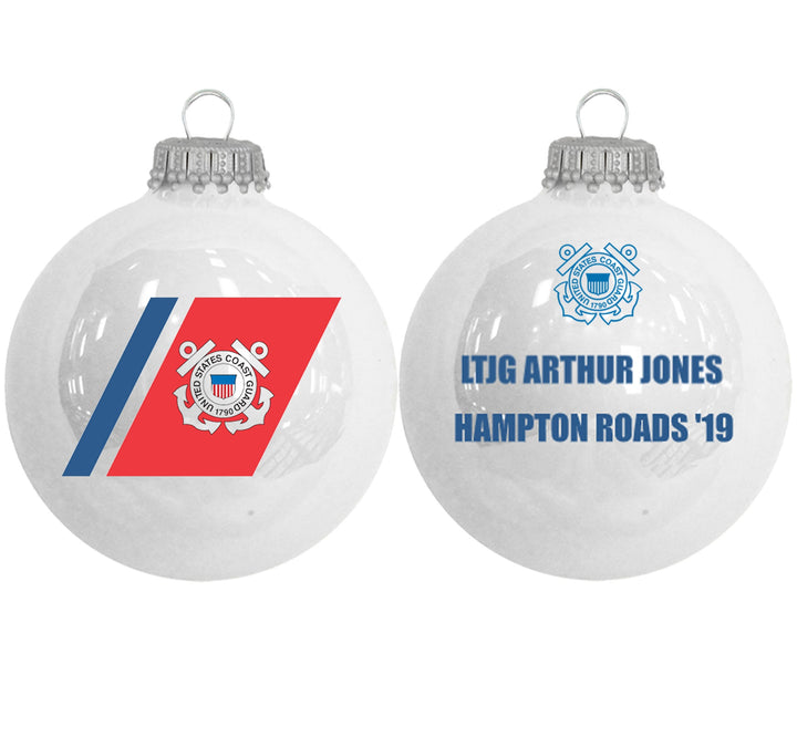 3 1/4" Personalized White Glass Ornaments with U.S. Coast Guard Seal