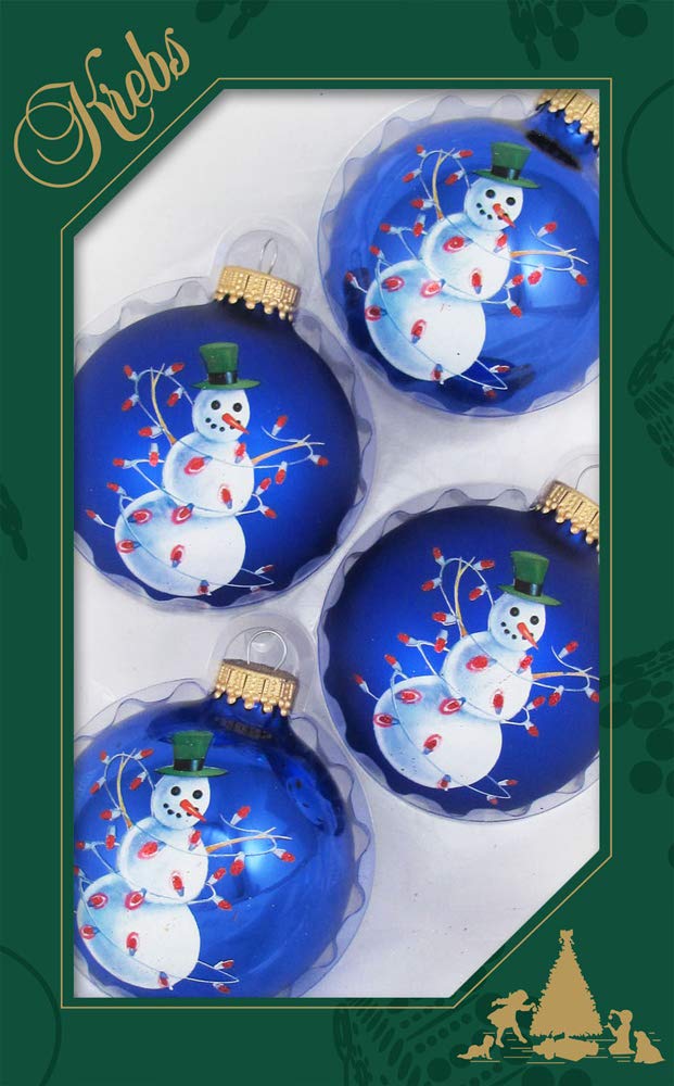 Glass Christmas Tree Ornaments - 67mm/2.63" [4 Pieces] Decorated Balls from Christmas by Krebs Seamless Hanging Holiday Decor (Victoria Blue and Royal Velvet With Snowman)