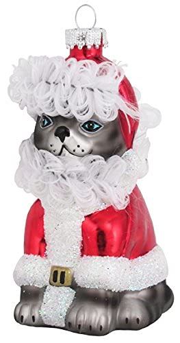 Christmas By Krebs Blown Glass  Collectible Tree Ornaments  (4.25" Gray Tabby Santa "Claws")
