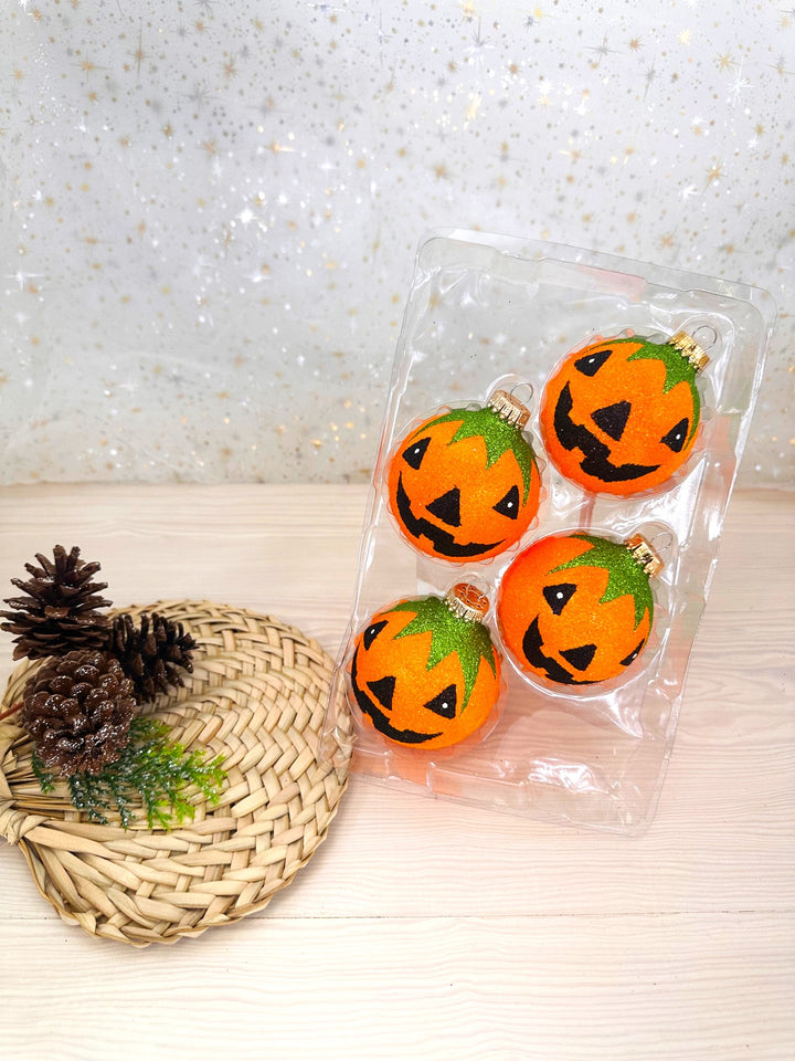 Halloween Tree Ornaments - 67mm/2.625" Decorated Glass Balls from Christmas by Krebs - Handmade Seamless Hanging Holiday Decorations for Trees - Set of 4 (Orange Glitter Jack-O-Lantern)