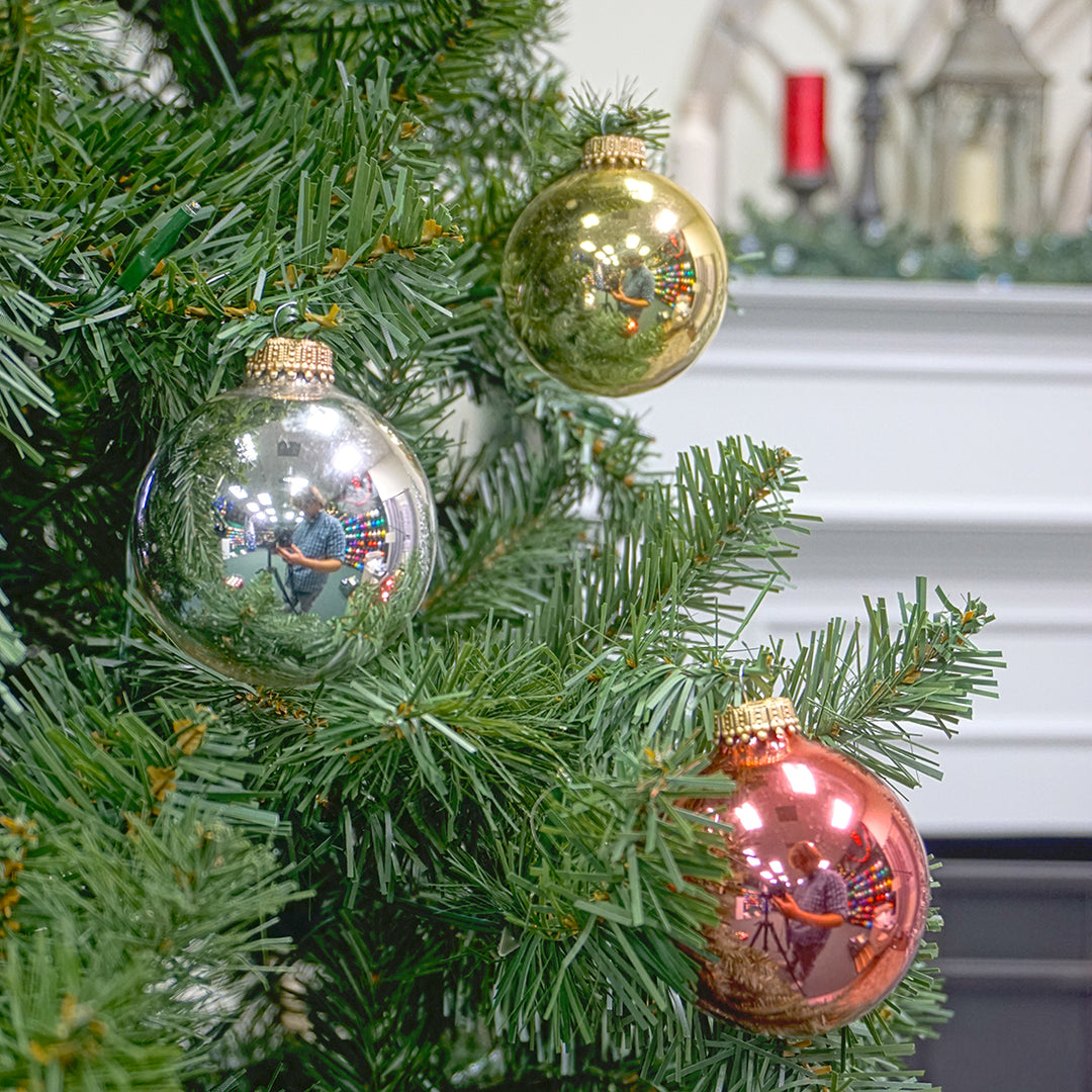 Glass Christmas Tree Ornaments - 67mm/2.63" Designer Balls from Christmas by Krebs - Seamless Hanging Holiday Decorations for Trees - Set of 12 Ornaments (Bright Silver, Shiny Tiffany & Molten Gold)