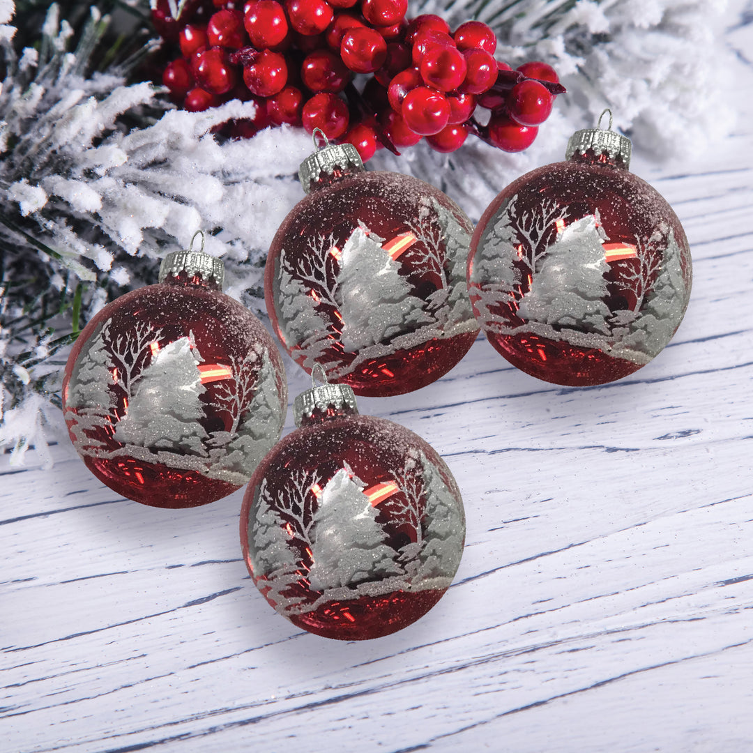 Glass Christmas Tree Ornaments - 67mm/2.63" [4 Pieces] Decorated Balls from Christmas by Krebs Seamless Hanging Holiday Decor (Christmas Red with White & Silver Festive Trees)