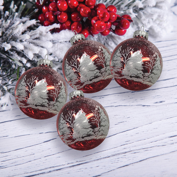 Glass Christmas Tree Ornaments - 67mm/2.63" [4 Pieces] Decorated Balls from Christmas by Krebs Seamless Hanging Holiday Decor (Christmas Red with White & Silver Festive Trees)
