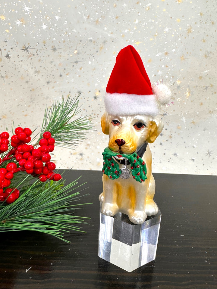 Christmas By Krebs Blown Glass  Collectible Tree Ornaments  (Dog with Santa Hat)