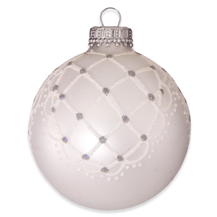 Glass Christmas Tree Ornaments - 67mm/2.625" [4 Pieces] Decorated Balls from Christmas by Krebs Seamless Hanging Holiday Decor (Silver Pearl with White Mesh Drapes)