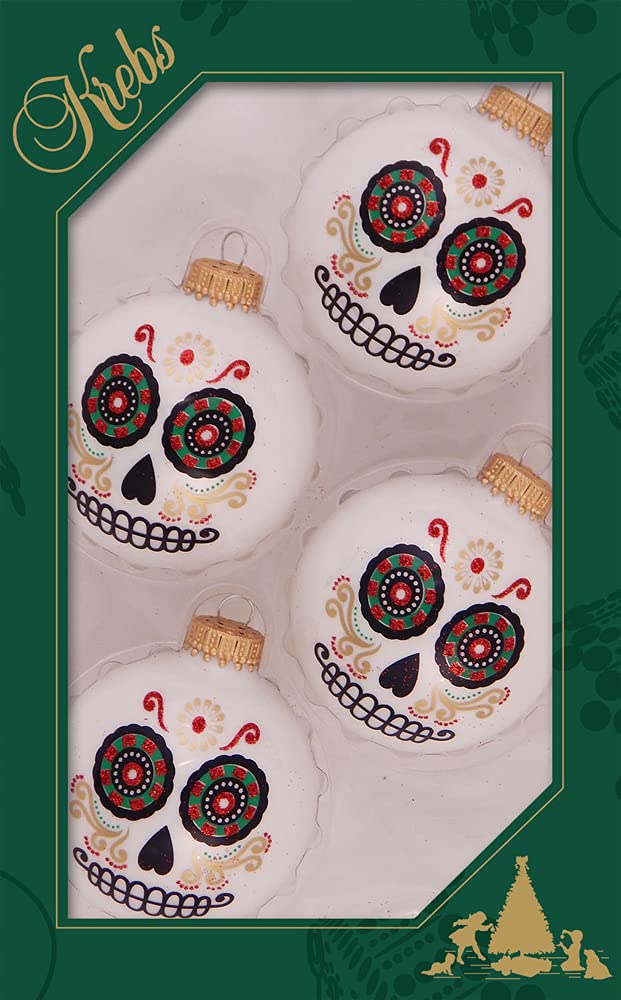 Halloween Tree Ornaments - 67mm/2.625" Decorated Glass Balls from Christmas by Krebs - Handmade Seamless Hanging Holiday Decorations for Trees - Set of 4 (Shiny Porcelain White with Day of the Dead)