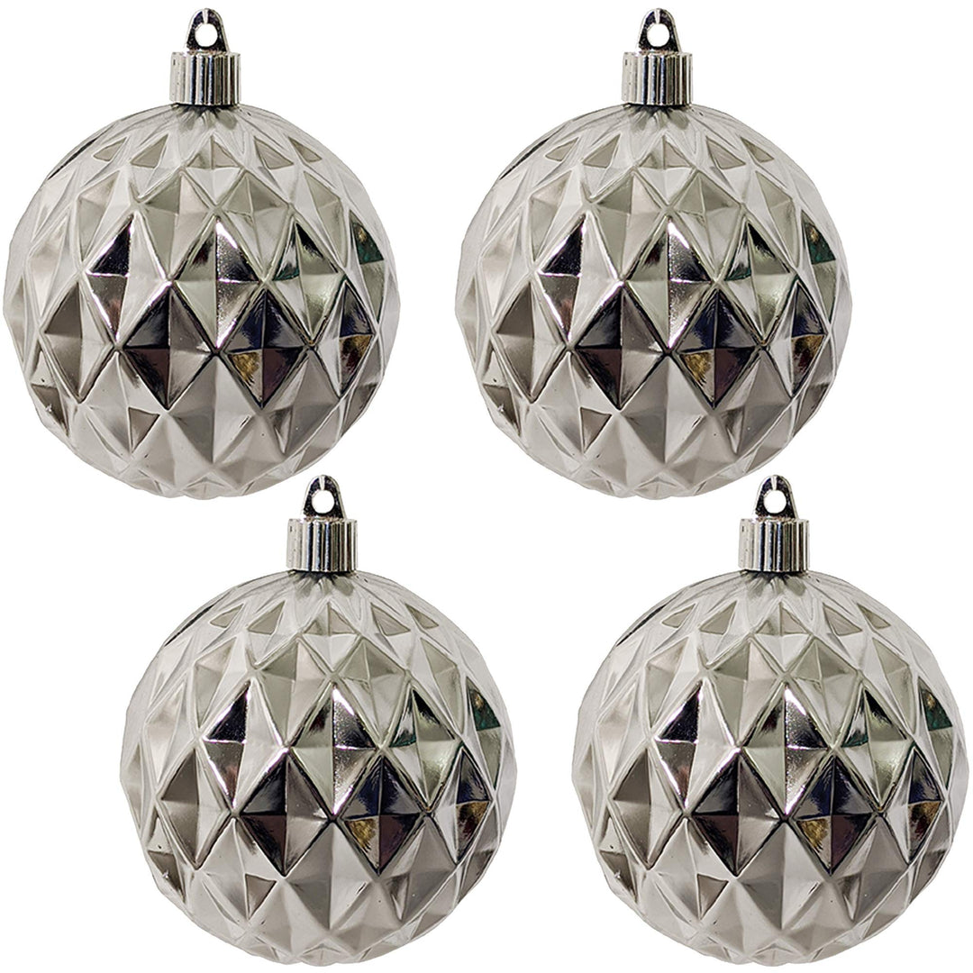 Christmas By Krebs 4" (100mm) Diamond Shiny Looking Glass Silver [4 Pieces] Solid Commercial Grade Indoor and Outdoor Shatterproof Plastic, UV and Water Resistant Ball Ornament Decorations
