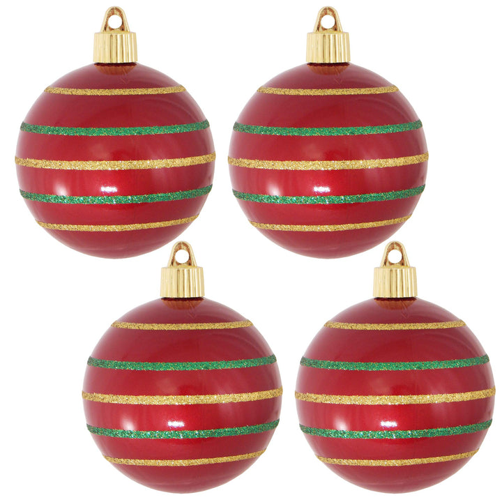 Christmas By Krebs 3 1/4" (80mm) Ornament [4 Pieces] Commercial Grade Indoor and Outdoor Shatterproof Plastic, Water Resistant Ball Shape Ornament Decorations (Red with Stripes)