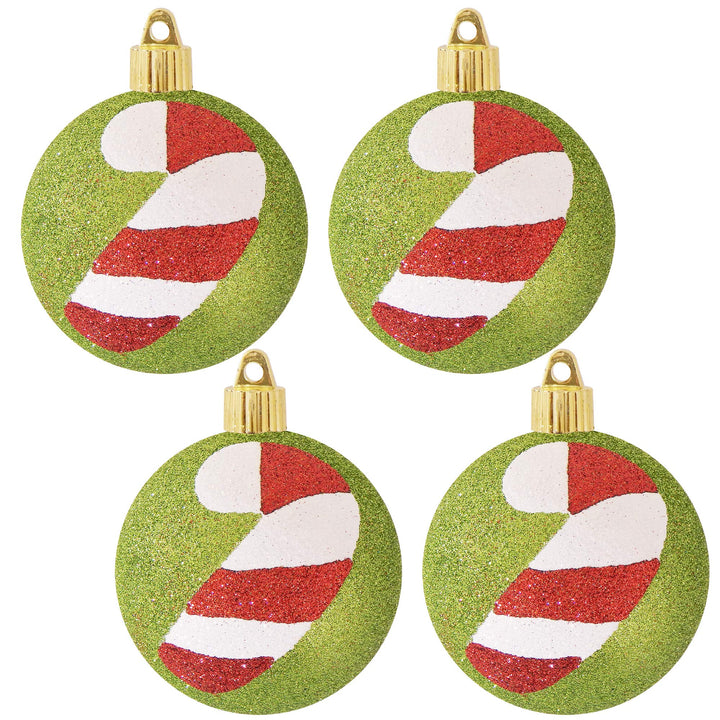 Christmas By Krebs 3 1/4" (80mm) Ornament [4 Pieces] Commercial Grade Indoor and Outdoor Shatterproof Plastic, Water Resistant Ball Shape Ornament Decorations (Green with Candy Canes)