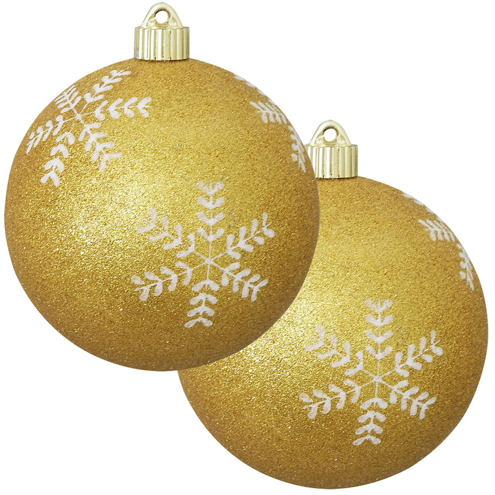 Christmas By Krebs 6" (150mm) Ornament, [2 Pieces], Commercial Grade Indoor and Outdoor Shatterproof Plastic, Water Resistant Decorated Ball Shape Ornament Decorations (Gold Glitter with Snowflakes)