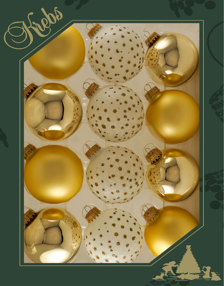 Glass Christmas Tree Ornaments - 67mm/2.63" Designer Balls from Christmas by Krebs - Seamless Hanging Holiday Decorations for Trees - Set of 12 Ornaments (Gold and Frost with Lace and Sparkles)