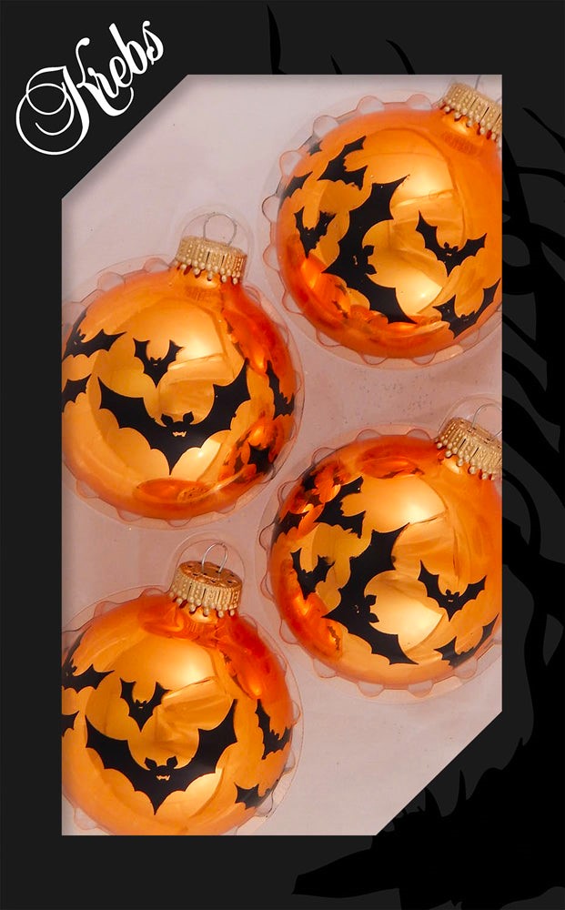 Halloween Tree Ornaments - 67mm/2.625" Decorated Glass Balls from Christmas by Krebs - Handmade Seamless Hanging Holiday Decorations for Trees - Set of 4 (Shiny Orange Crush with Bats)