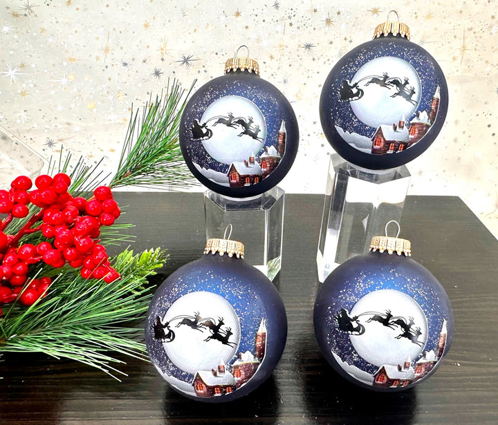 Glass Christmas Tree Ornaments - 67mm/2.63" [4 Pieces] Decorated Balls from Christmas by Krebs Seamless Hanging Holiday Decor (Navy Velvet Blue with Santa's Sleigh)