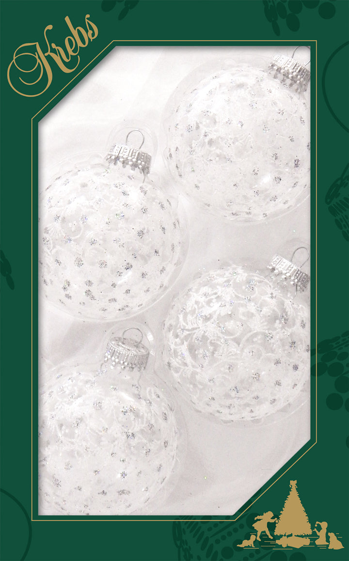 Glass Christmas Tree Ornaments - 67mm/2.63" [4 Pieces] Decorated Balls from Christmas by Krebs Seamless Hanging Holiday Decor (Clear with White Lace and Silver Sparkles)