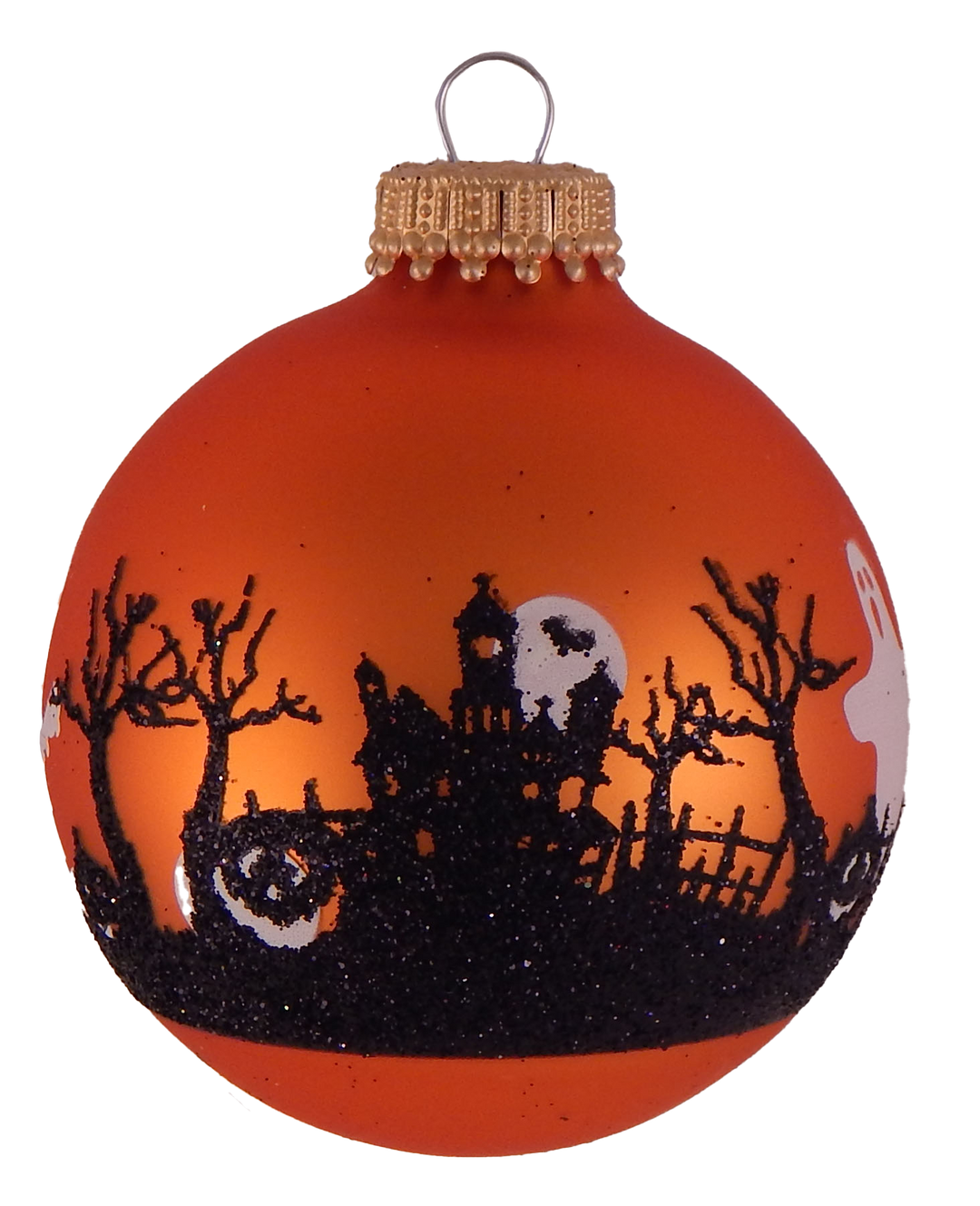 Halloween Tree Ornaments - 67mm/2.625" Decorated Glass Balls from Christmas by Krebs - Handmade Seamless Hanging Holiday Decorations for Trees - Set of 4 (Velvet Wildfire Orange with Graveyard)