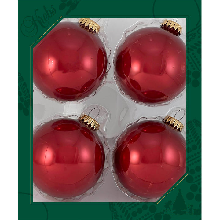 Glass Christmas Tree Ornaments - 80mm / 3.25" [4 Pieces] Designer Balls from Christmas By Krebs Seamless Hanging Holiday Decor (Shiny Ribbon Red)
