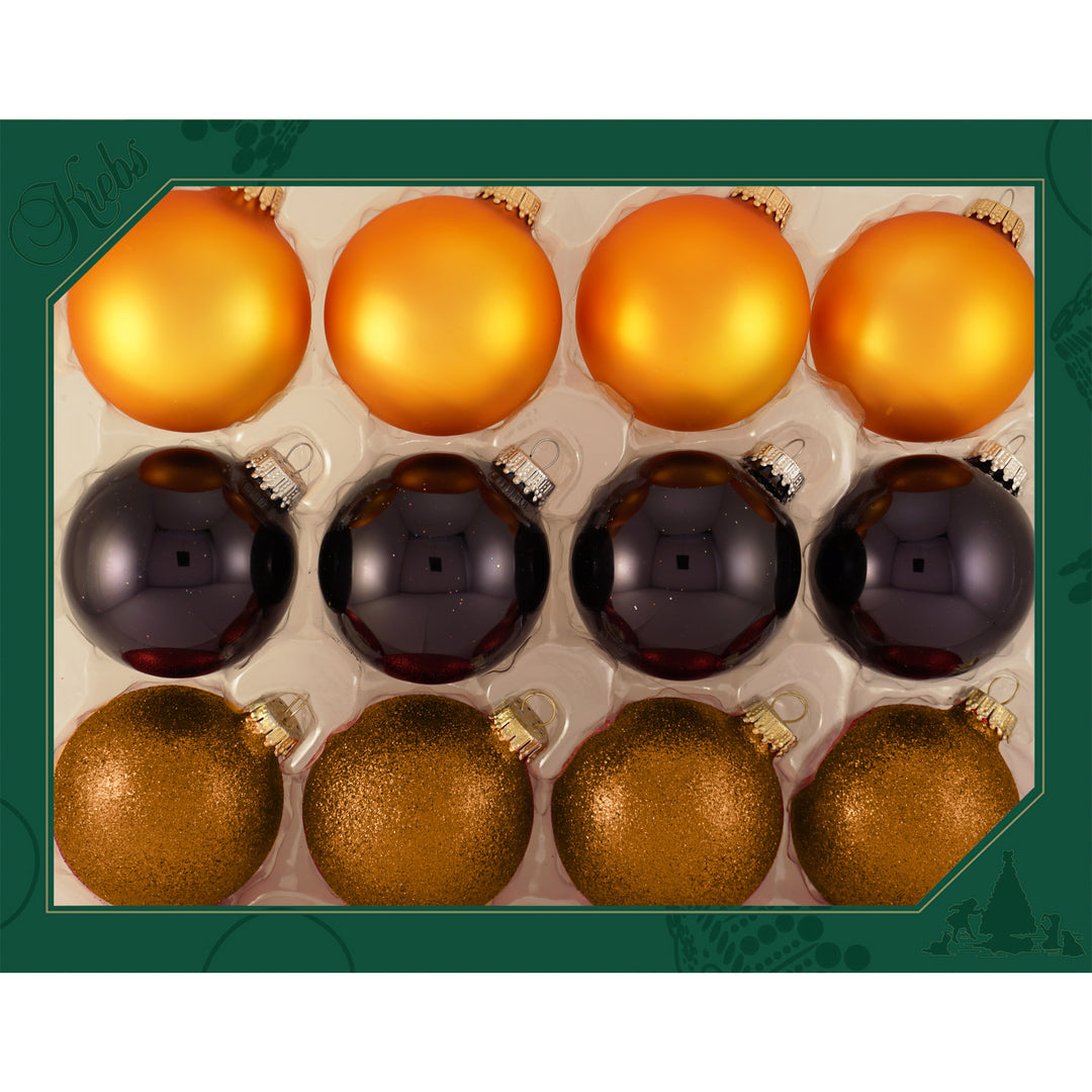 Glass Christmas Tree Ornaments - 67mm/2.63" Designer Balls from Christmas by Krebs - Seamless Hanging Holiday Decorations for Trees - Set of 12 Ornaments (Orange Velvet, Shiny Black & Brown Glitter)