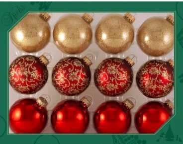 Glass Christmas Tree Ornaments - 67mm/2.63" Designer Balls from Christmas by Krebs - Seamless Hanging Holiday Decorations for Trees - Set of 12 Ornaments (Red Glitterlace w/ Gld Sprkle & December Red)