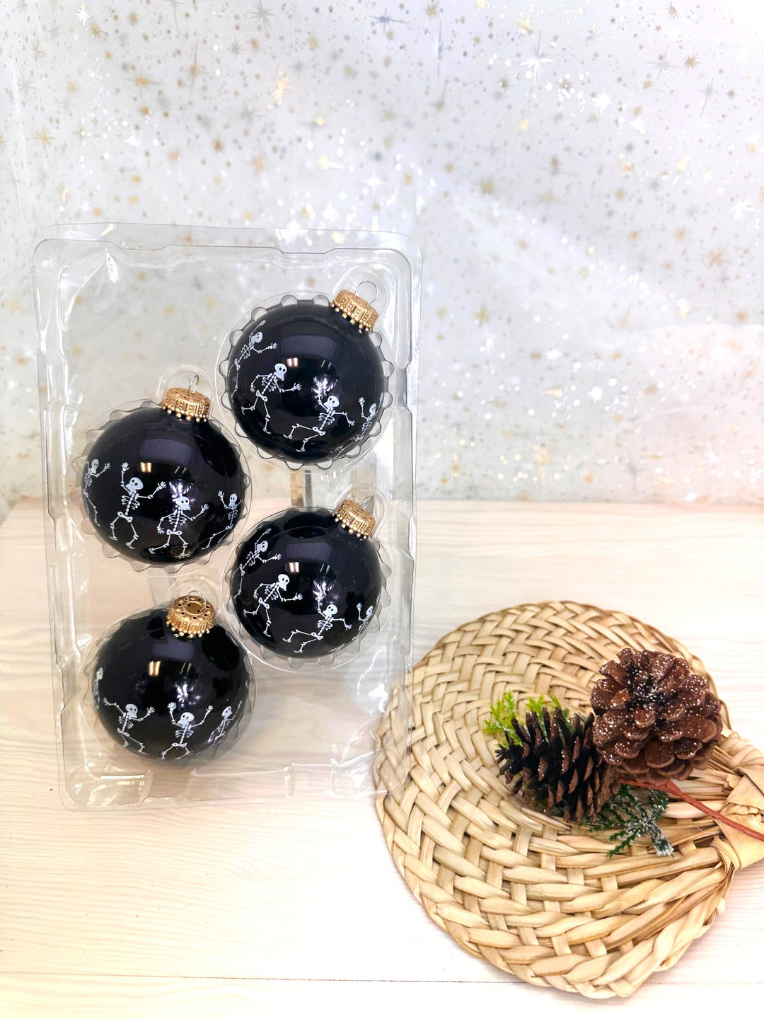 Halloween Tree Ornaments - 67mm/2.625" Decorated Glass Balls from Christmas by Krebs - Handmade Seamless Hanging Holiday Decorations for Trees - Set of 4 (Shiny Ebony Black with Dancing Skeletons)