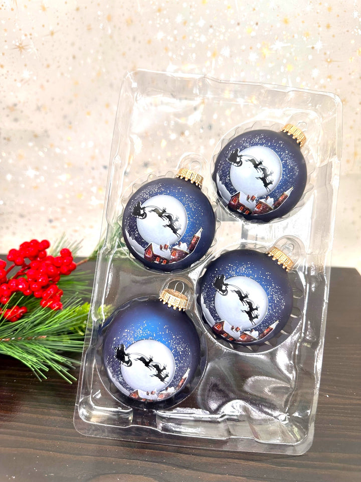Glass Christmas Tree Ornaments - 67mm/2.63" [4 Pieces] Decorated Balls from Christmas by Krebs Seamless Hanging Holiday Decor (Navy Velvet Blue with Santa's Sleigh)