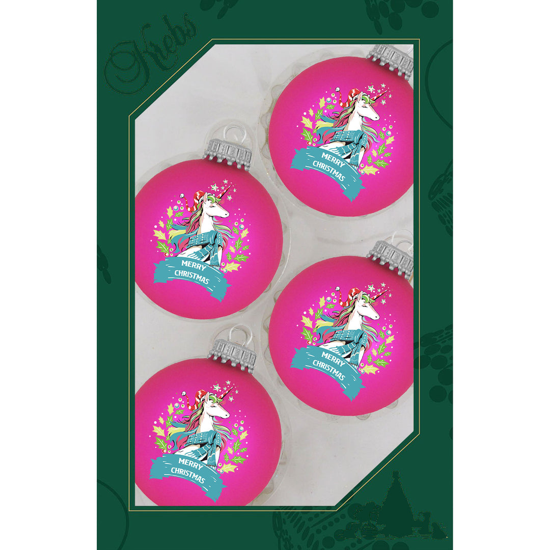 Glass Christmas Tree Ornaments - 67mm/2.625" [4 Pieces] Decorated Balls from Christmas by Krebs Seamless Hanging Holiday Decor (Bubblegum Velvet with Holiday Unicorn)