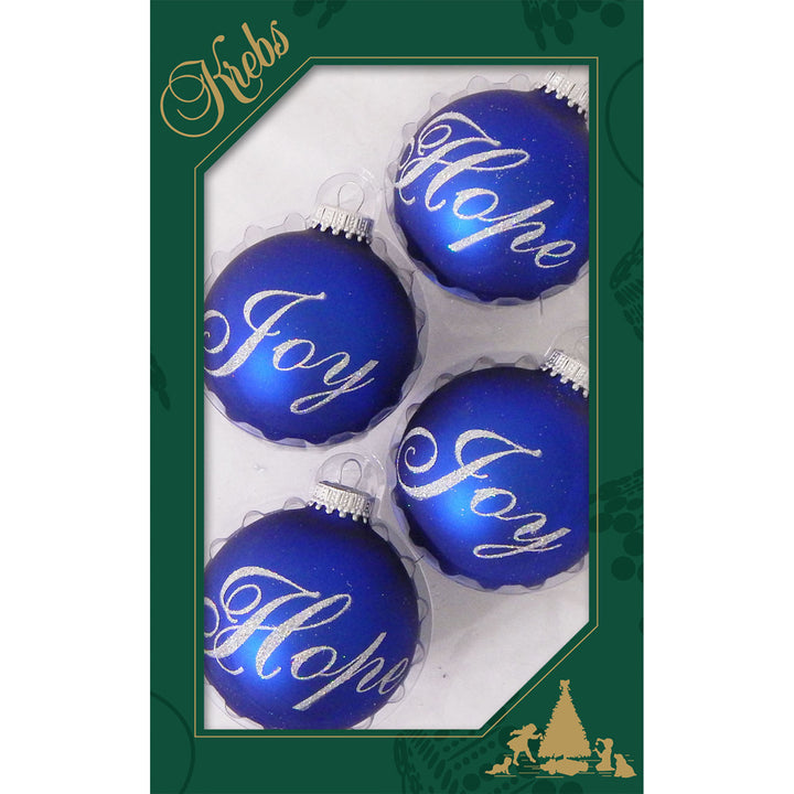 Glass Christmas Tree Ornaments - 67mm/2.625" [4 Pieces] Decorated Balls from Christmas by Krebs Seamless Hanging Holiday Decor (Royal Velvet with Silver Glitter Hope & Joy)