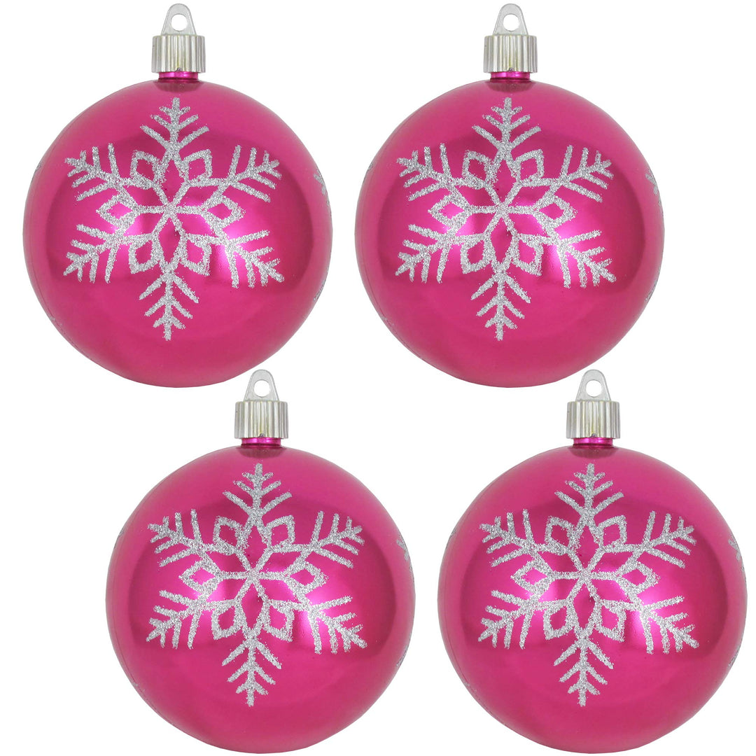 Christmas By Krebs 4" (100mm) Ornament [4 Pieces] Commercial Grade Indoor and Outdoor Shatterproof Plastic, Water Resistant Ball Decorated Ornaments (Tutti Frutti Pink with Snowflake)