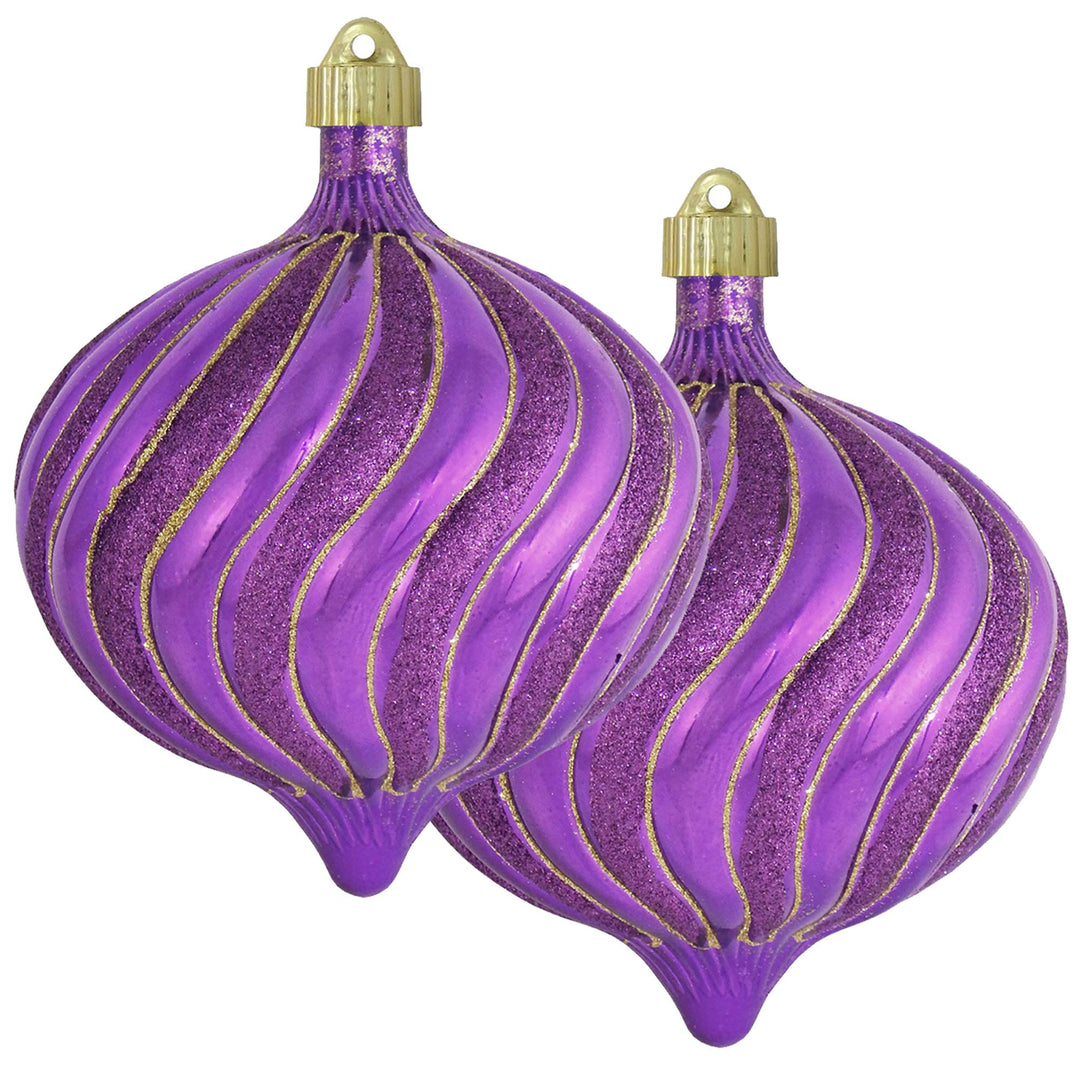 Christmas By Krebs 6" (150mm) Ornament [2 Pieces] Commercial Grade Indoor and Outdoor Shatterproof Plastic, Water Resistant Onion Shape Ornament Decorations (Purple Onion with Glitter Swirls)