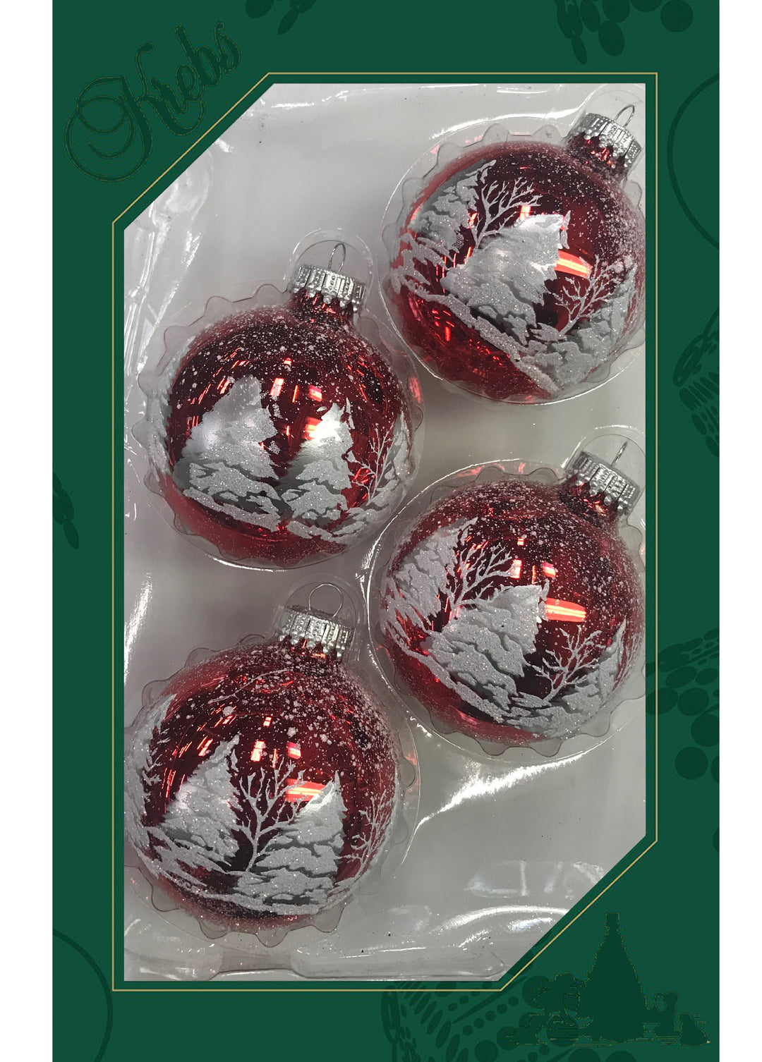 Glass Christmas Tree Ornaments - 67mm/2.63" [4 Pieces] Decorated Balls from Christmas by Krebs Seamless Hanging Holiday Decor (Christmas Red with White & Silver Festive Trees)
