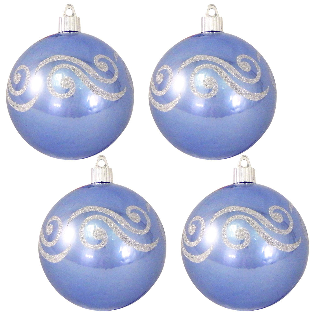 Christmas By Krebs 4" (100mm) Ornament [4 Pieces] Commercial Grade Indoor and Outdoor Shatterproof Plastic, Water Resistant Ball Decorated Ornaments (Polar Blue with Scrolls)