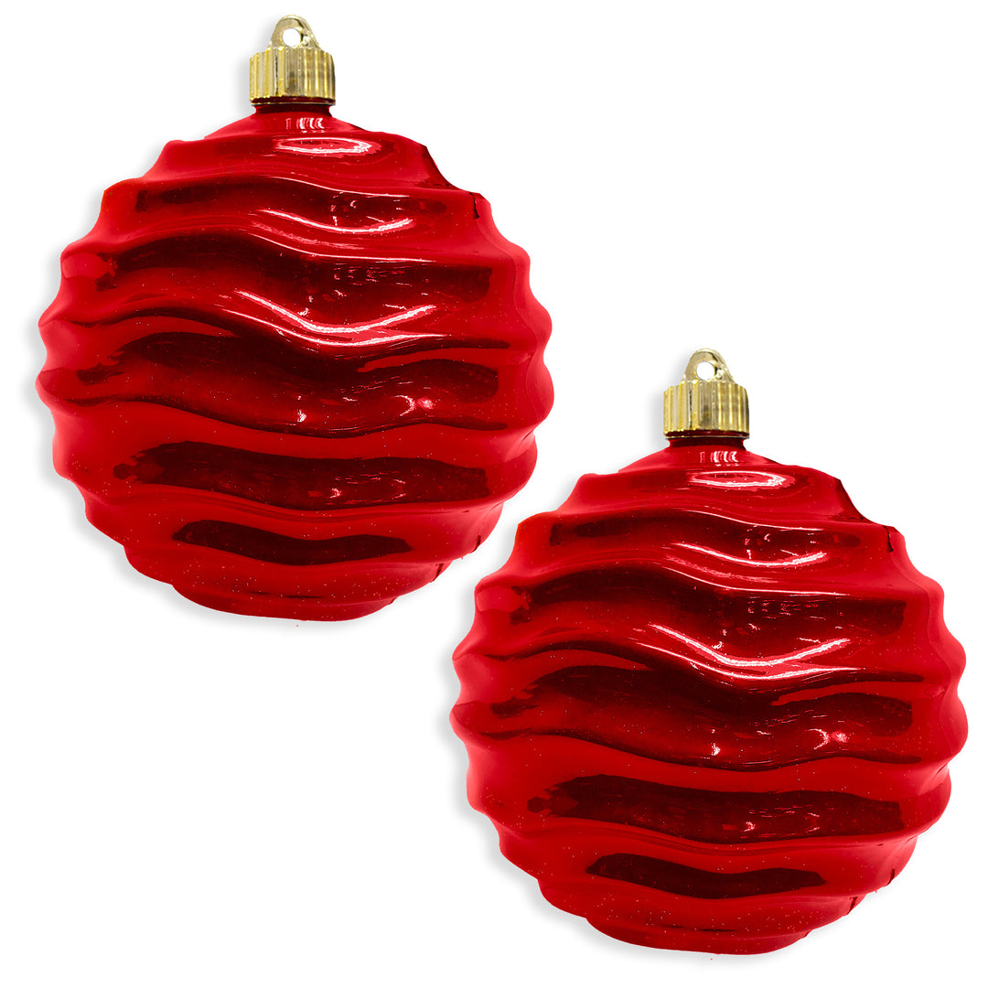 Christmas By Krebs 6" (150mm) Wavy Ripple Candy Red [2 Pieces] Solid Commercial Grade Indoor and Outdoor Shatterproof Plastic, UV and Water Resistant Ball Ornament Decorations