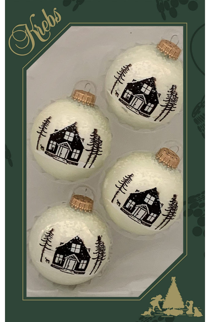 Glass Christmas Tree Ornaments - 67mm/2.625" [4 Pieces] Decorated Balls from Christmas by Krebs Seamless Hanging Holiday Decor (Vanilla Ice and Pearl White with House)