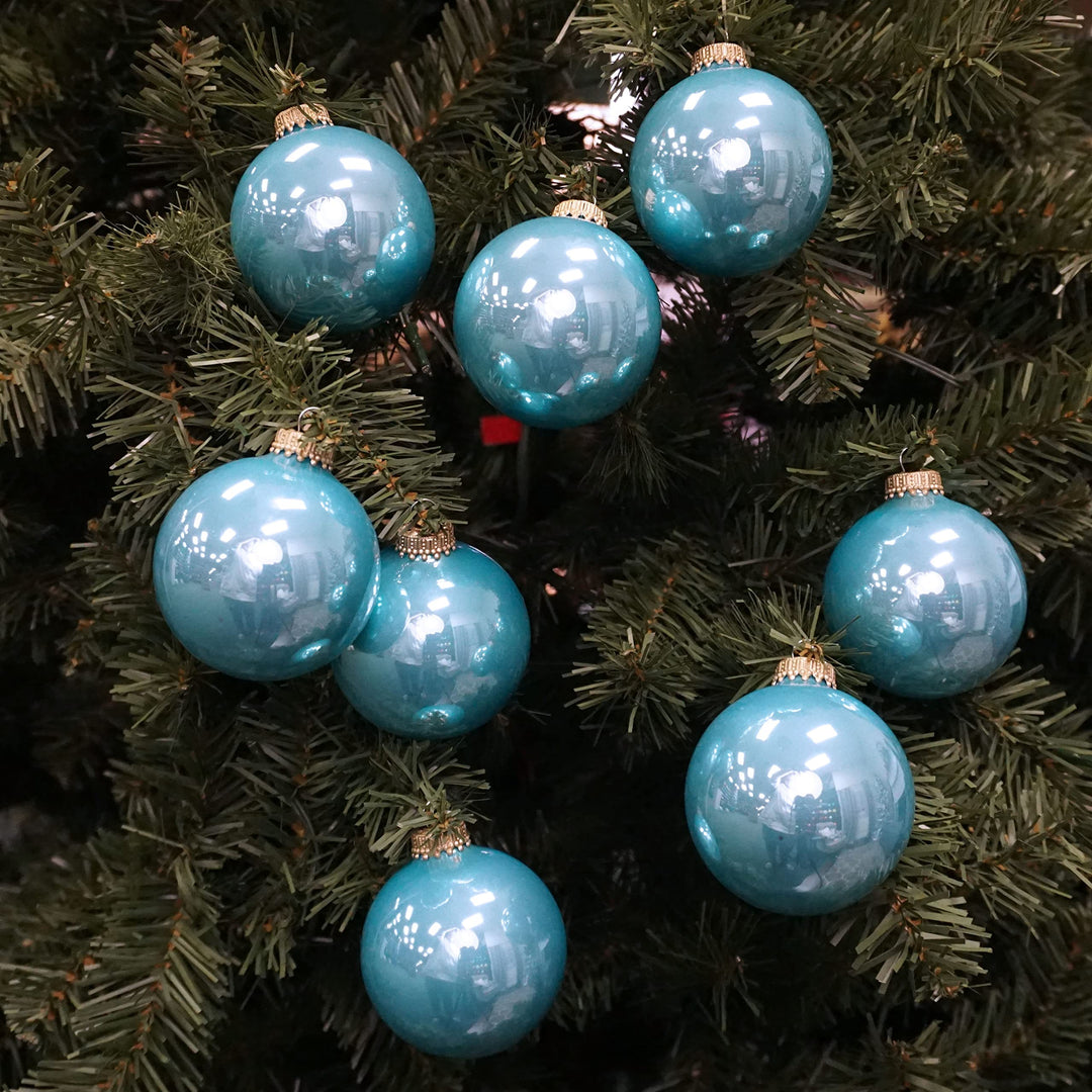 Glass Christmas Tree Ornaments - 67mm / 2.63" [8 Pieces] Designer Balls from Christmas By Krebs Seamless Hanging Holiday Decor (Shiny Water Lily Blue)