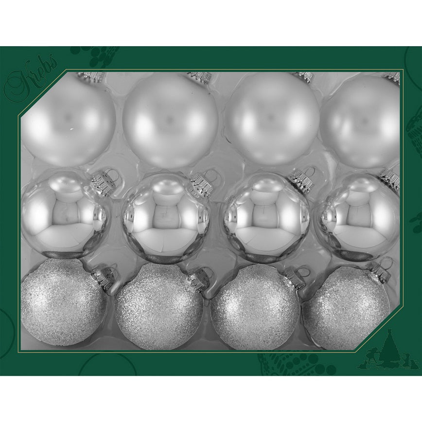 Glass Christmas Tree Ornaments - 67mm/2.63" Designer Balls from Christmas by Krebs - Seamless Hanging Holiday Decorations for Trees - Set of 12 Ornaments (Shiny, Velvet and Glitter Silver)