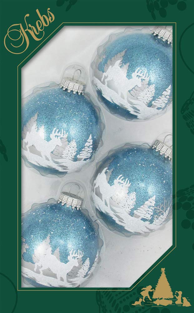 Glass Christmas Tree Ornaments - 67mm/2.625" [4 Pieces] Decorated Balls from Christmas by Krebs Seamless Hanging Holiday Decor (Light Blue Sparkle with Winter Deer Scene)