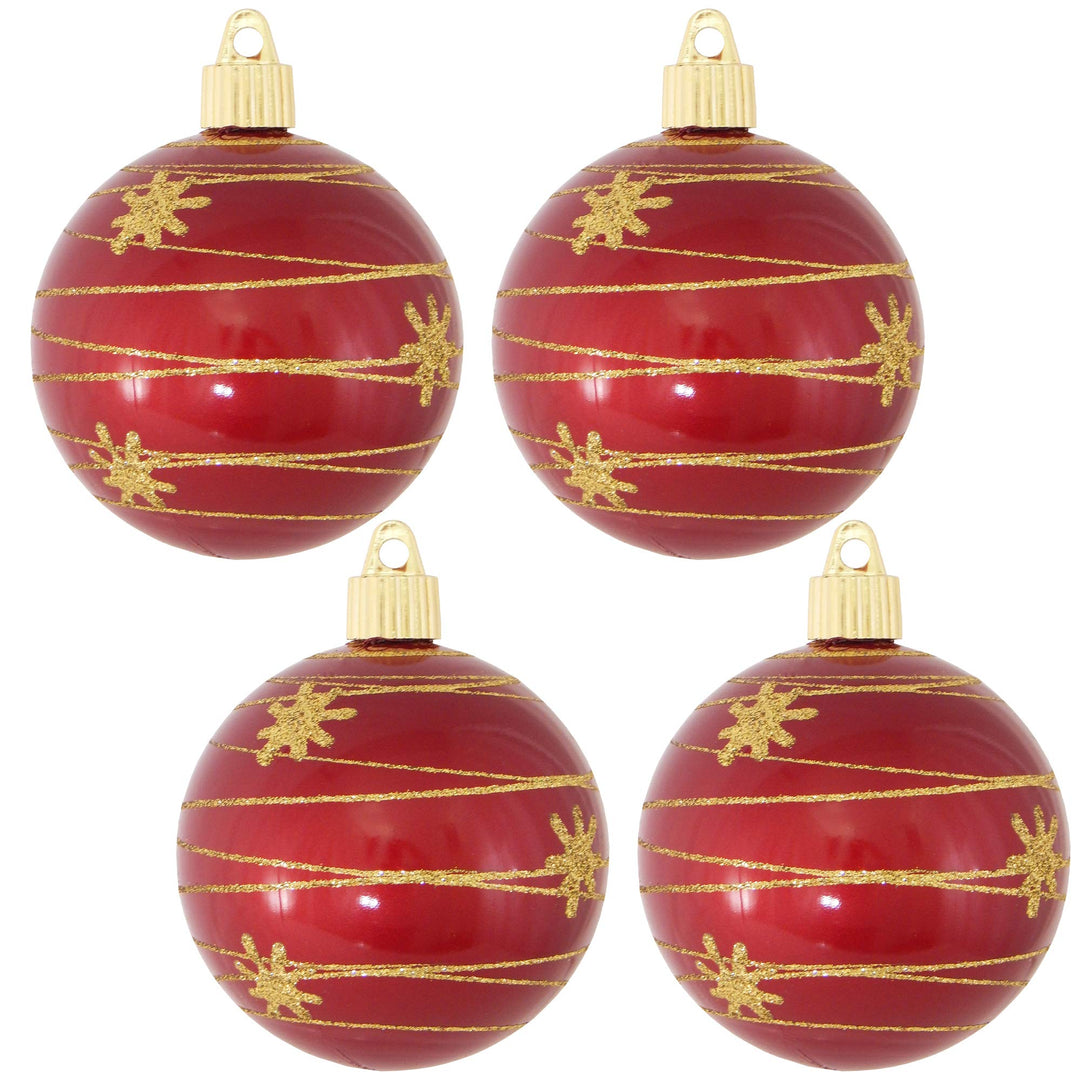 Christmas By Krebs 3 1/4" (80mm) Ornament [4 Pieces] Commercial Grade Indoor and Outdoor Shatterproof Plastic, Water Resistant Ball Shape Ornament Decorations (Red with Flakes)