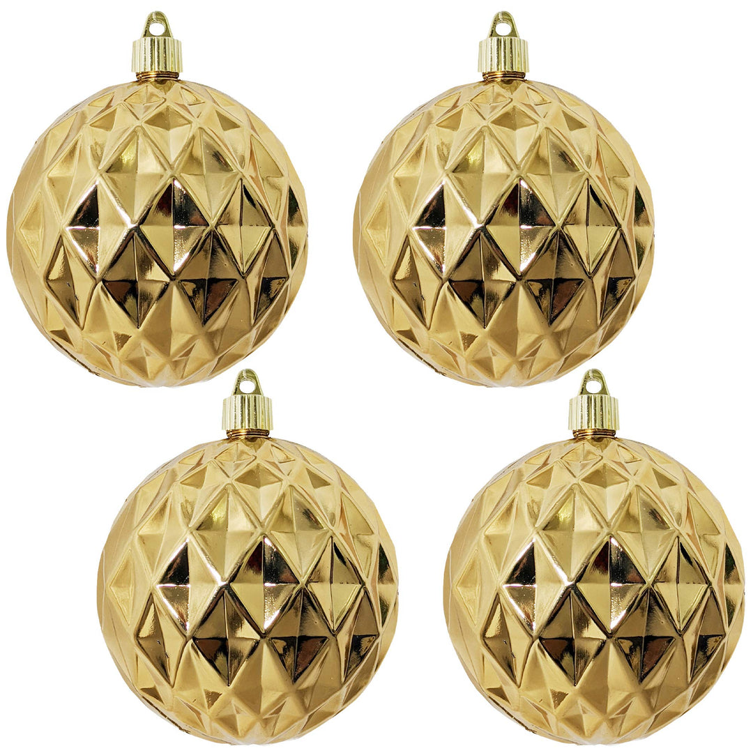 Christmas By Krebs 4" (100mm) Diamond Shiny Gilded Gold [4 Pieces] Solid Commercial Grade Indoor and Outdoor Shatterproof Plastic, UV and Water Resistant Ball Ornament Decorations