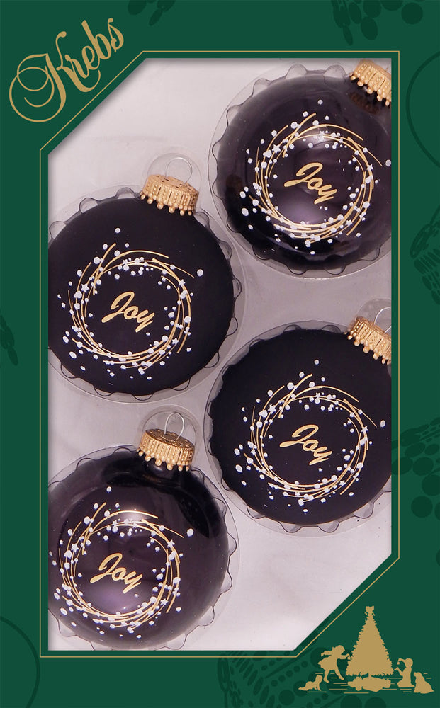 Glass Christmas Tree Ornaments - 67mm/2.625" [4 Pieces] Decorated Balls from Christmas by Krebs Seamless Hanging Holiday Decor (Ebony Shine & Velvet with Joy)