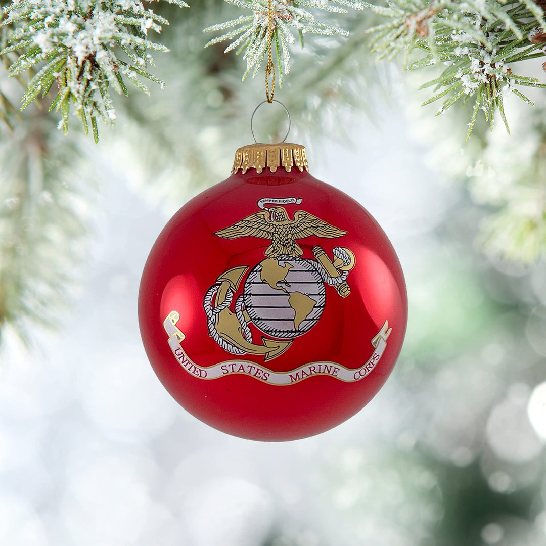 Christmas Tree Ornaments Made in the USA - 80mm / 3.25" Decorated Collectible Glass Balls from Christmas by Krebs - Handmade Hanging Holiday Decorations for Trees (Marine Corps with Established Date, Flag)