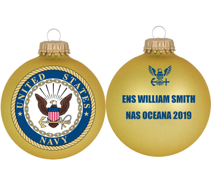 3 1/4" Personalized Gold Glass Ornaments with U.S. Navy Seal