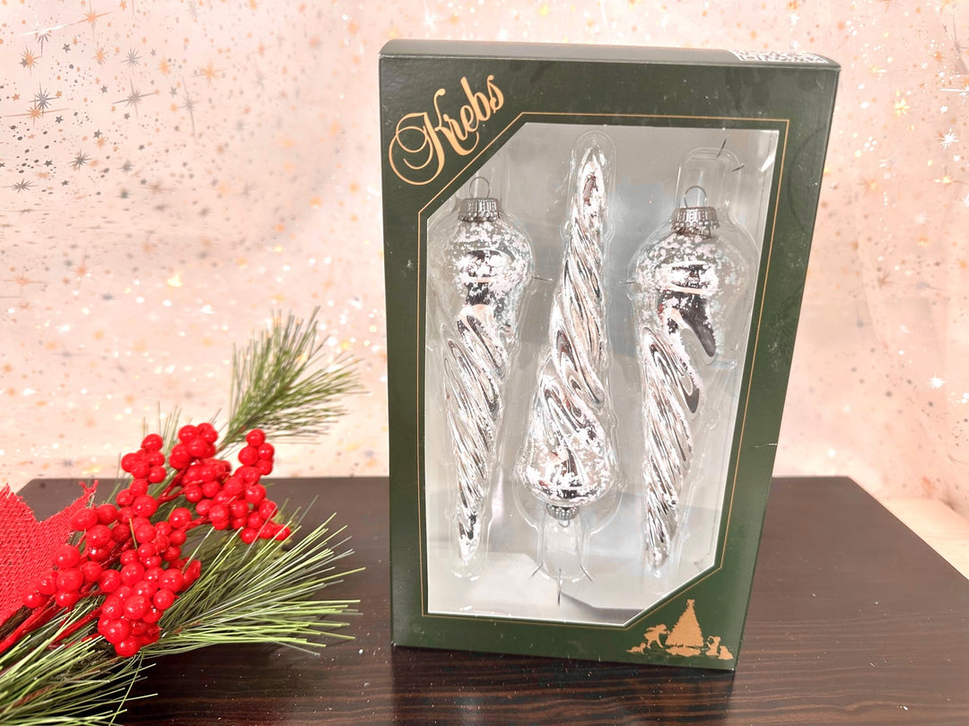 Glass Christmas Tree Ornaments - Decorated from Christmas by Krebs - Handmade Seamless Hanging Holiday Decorations for Trees (6" Bright Silver & White Glitter Twisted Icicles [3 Pieces])