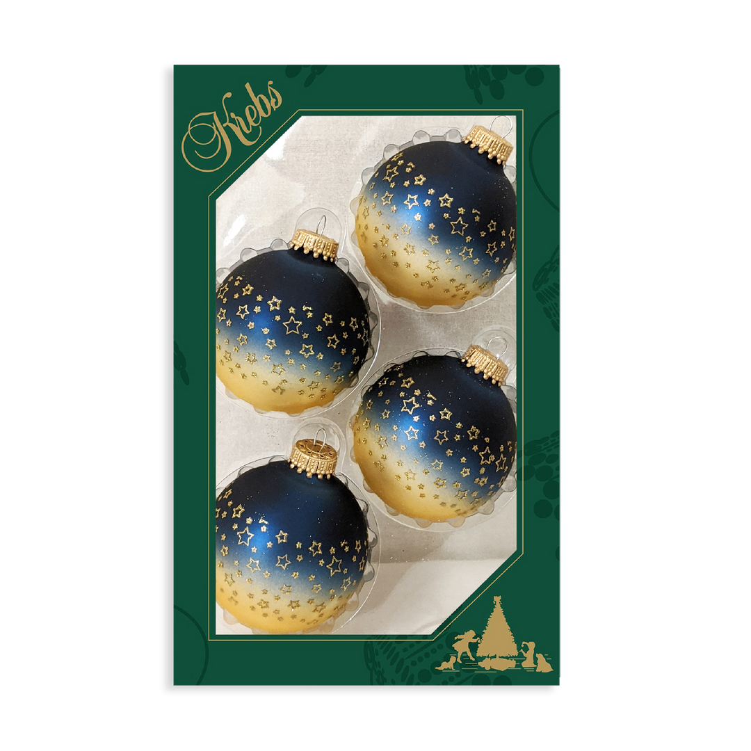 Glass Christmas Tree Ornaments - 67mm/2.63" [4 Pieces] Decorated Balls from Christmas by Krebs Seamless Hanging Holiday Decor (Midnight Haze Blue and Chiffon Gold With Stars)