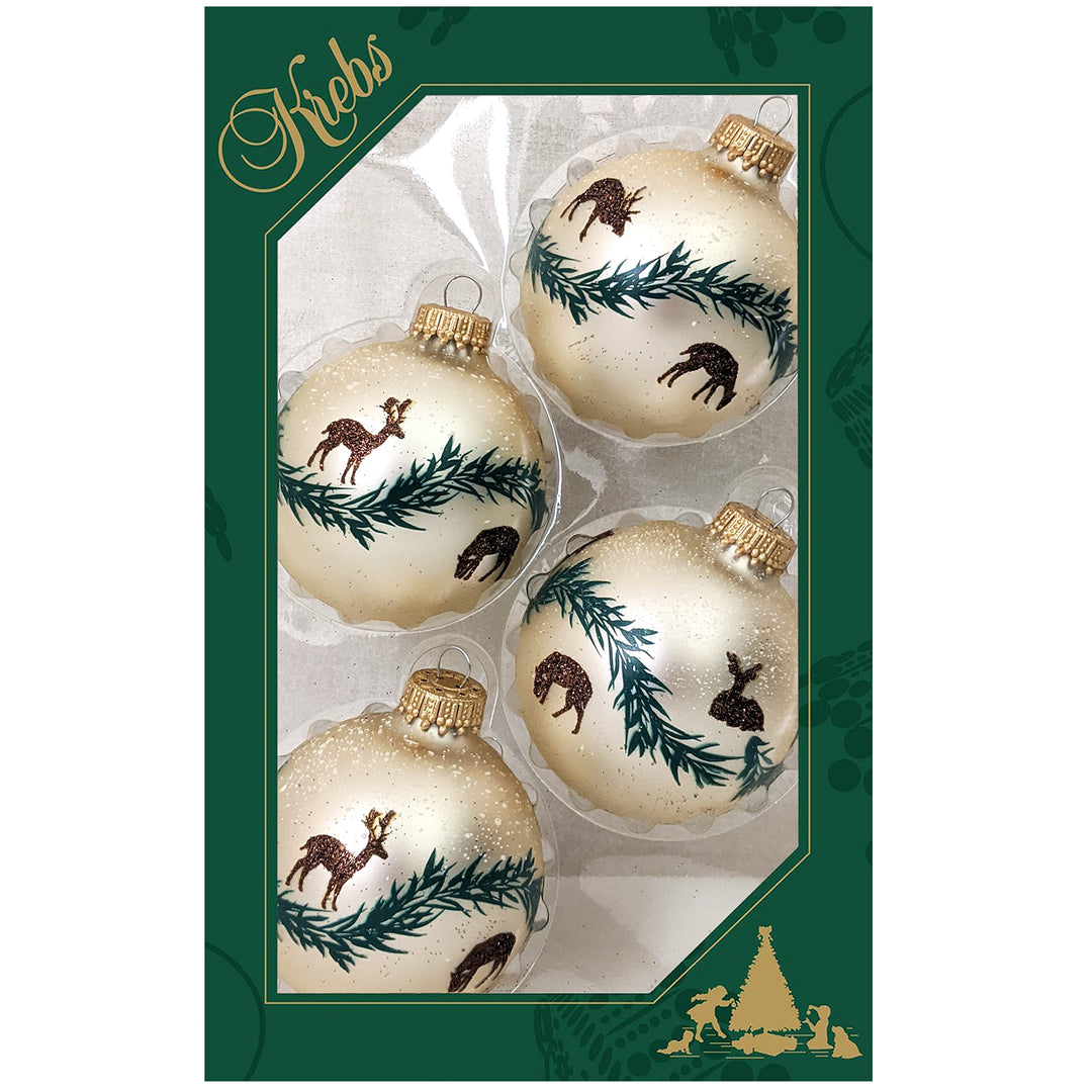 Glass Christmas Tree Ornaments - 67mm/2.63" [4 Pieces] Decorated Balls from Christmas by Krebs Seamless Hanging Holiday Decor (Oyster Velvet w/ Brown Deer & Garland)