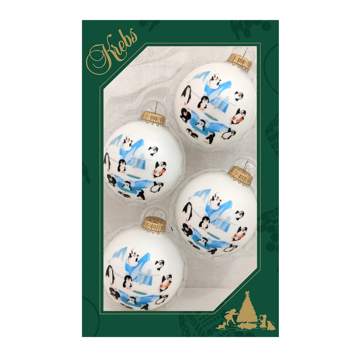 Glass Christmas Tree Ornaments - 67mm/2.63" [4 Pieces] Decorated Balls from Christmas by Krebs Seamless Hanging Holiday Decor (Classic White Velvet with Penguins)